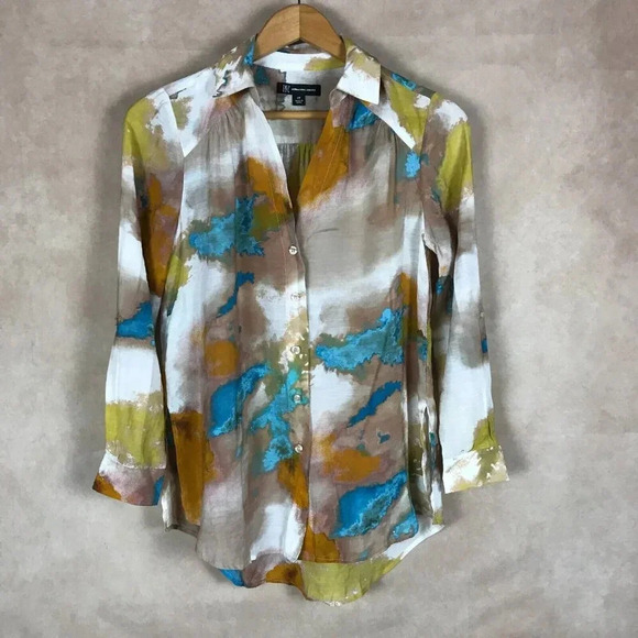 INC Roll-Tab Sleeve Smudge Print Button-Down Shirt NEW PETITE - Picture 2 of 7